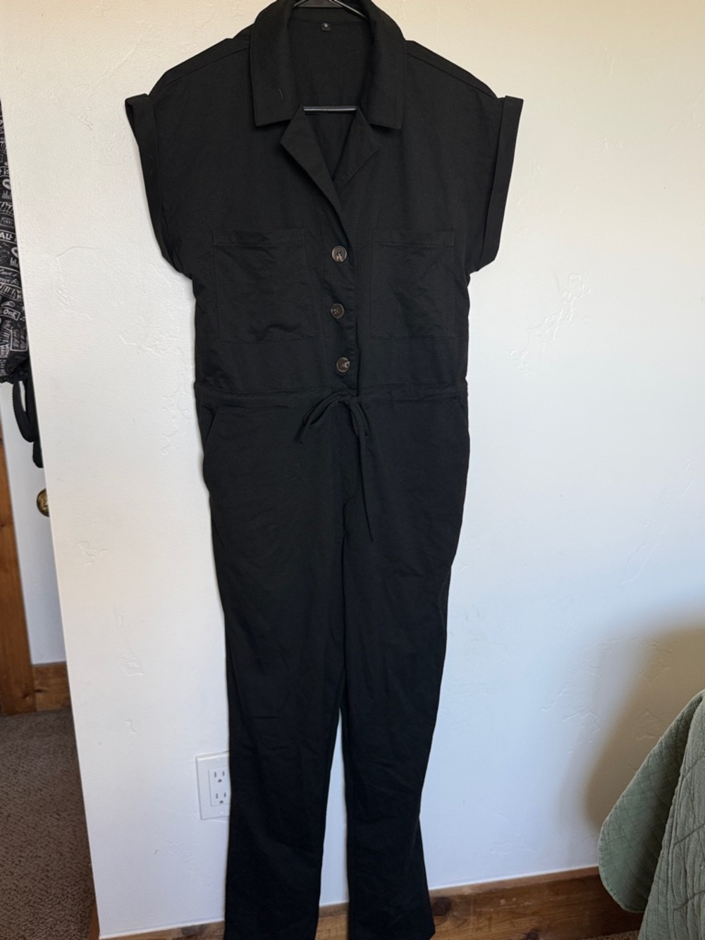 Classic Black Women's Jumpsuit - Button Front with Drawstring Waist